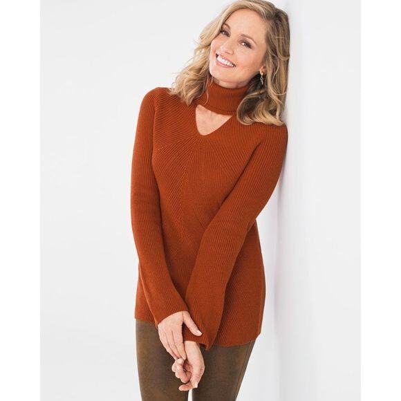 Chico's Women's Ribbed Key Hole Turtleneck Sweater Long Sleeve Orange Size 1 (M) - Picture 2 of 10